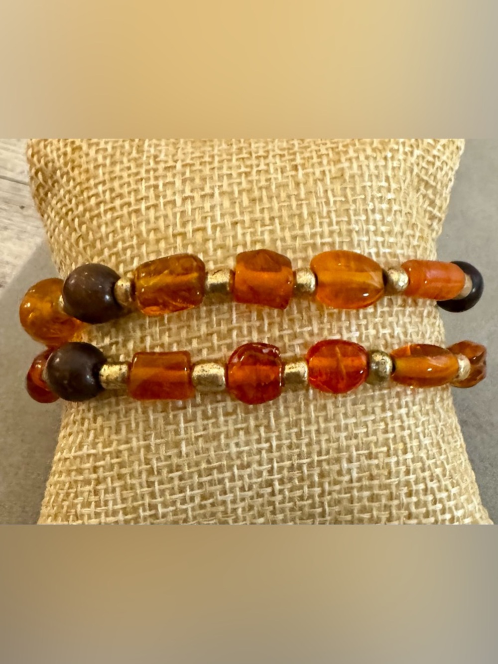 Amber Colored Glass Bead Stretch Bracelets with Gold and Brown Beads - Set of 2